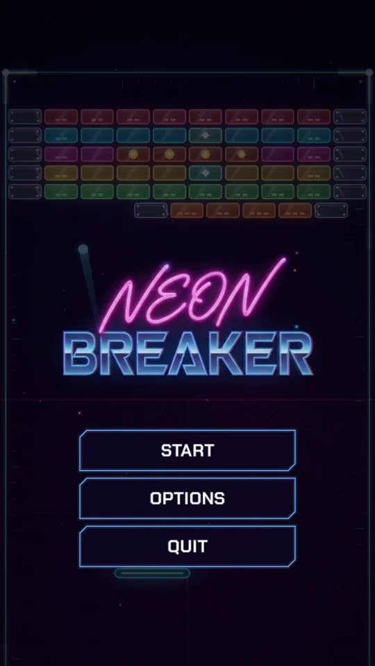Neon Breaker title screen with a demo playing in the background
