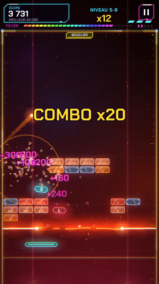 La Forge : le mur de briques descend au ras de la ligne de lave, combo x20