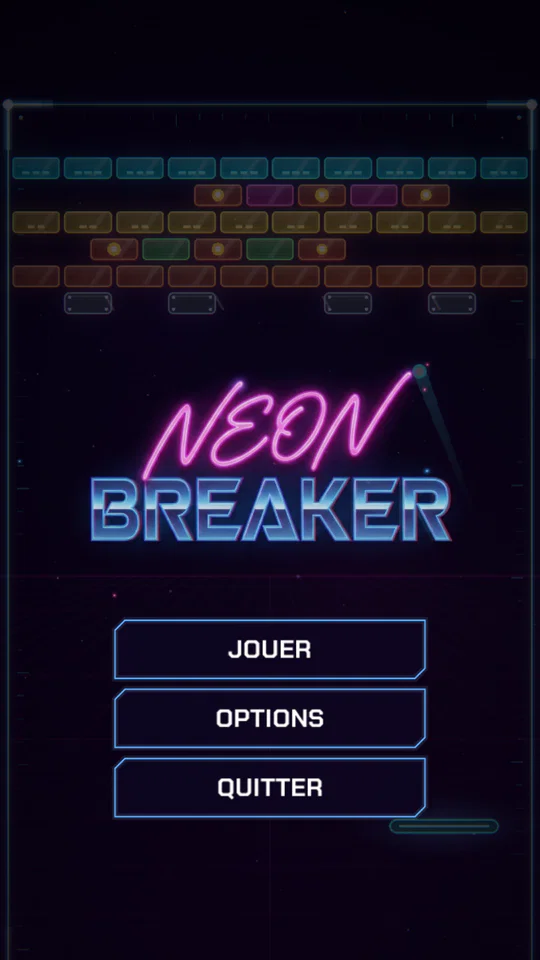 Écran titre de Neon Breaker, une démo joue en arrière-plan
